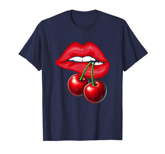 Cherry Lips Graphic Tee Sexy Women Design Red Lips Vintage T-Shirt