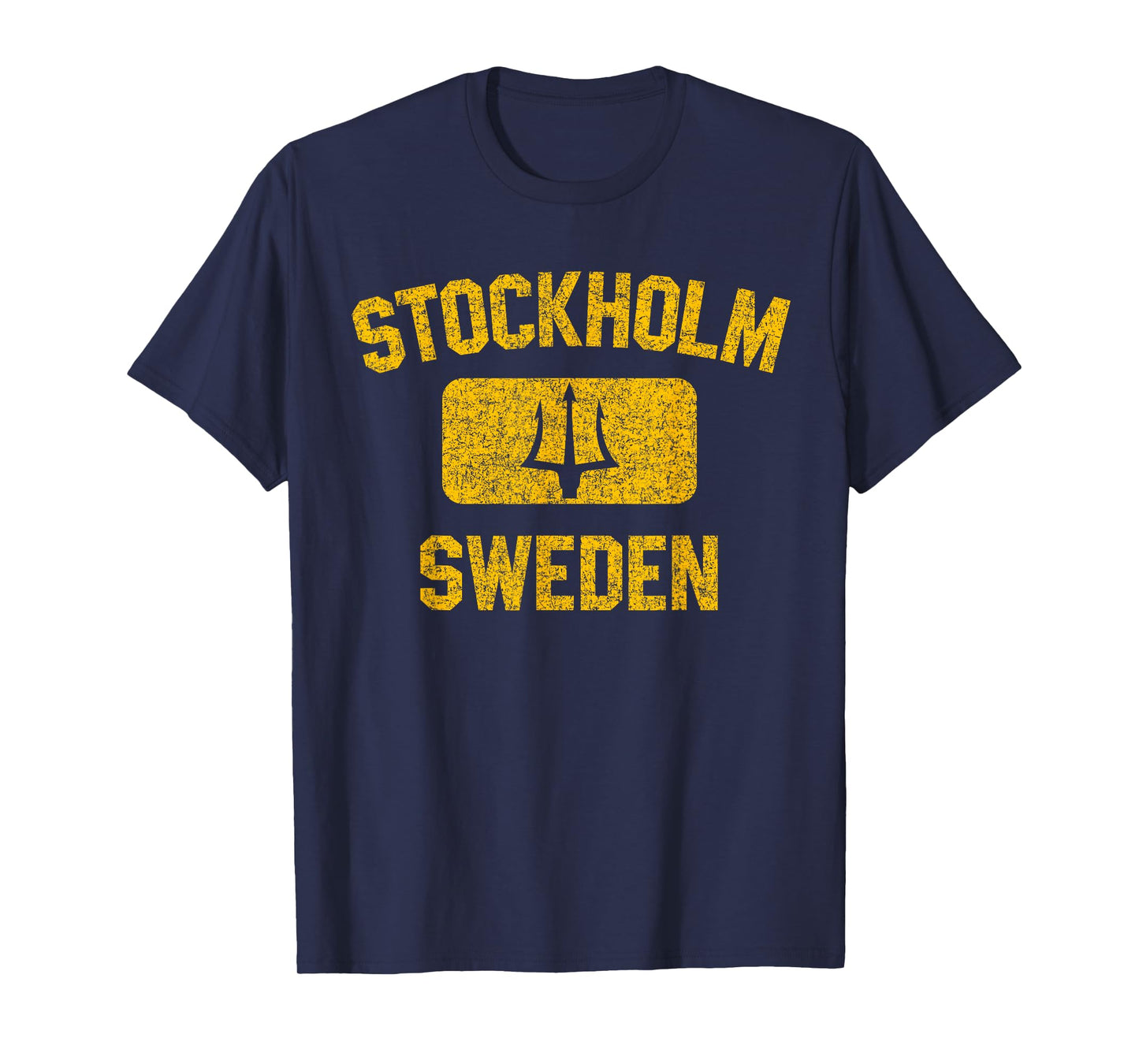 Stockholm Sweden Trident Gym Style Distressed Yellow Print T-Shirt