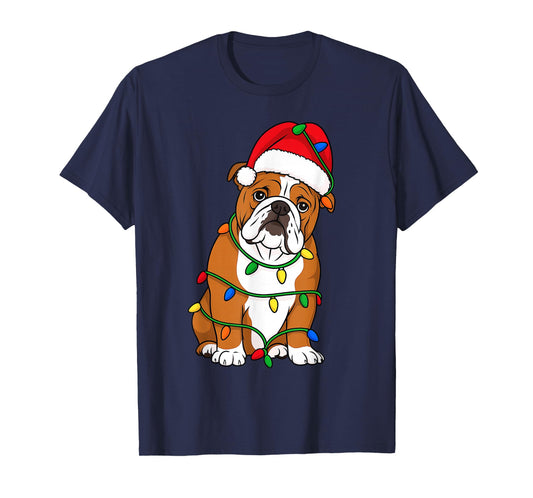 English Bulldog Christmas Tree Lights Holiday Dog Lover T-Shirt