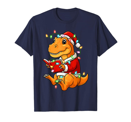 Dinosaur Reading Books Christmas T-Rex Tree Women Teachers T-Shirt