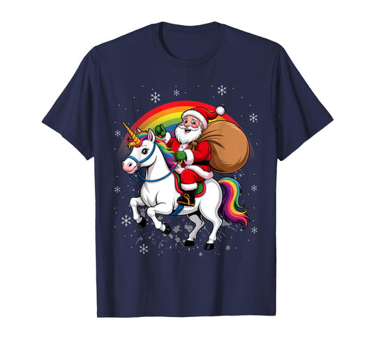Santa Riding Unicorn & Rainbow Funny Cute Christmas T-Shirt