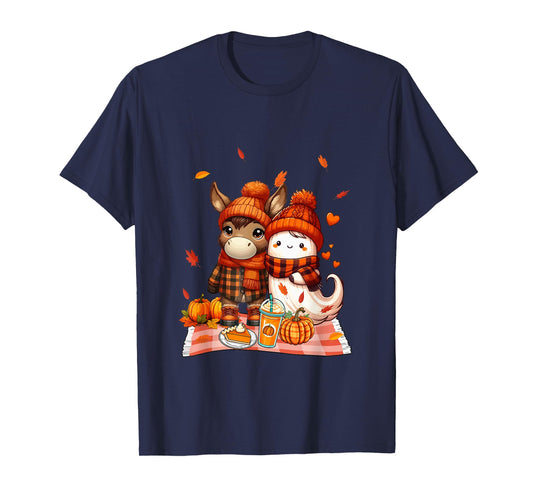 Donkey with Boo Halloween Thanksgiving Fall Leaves Pumpkins T-Shirt