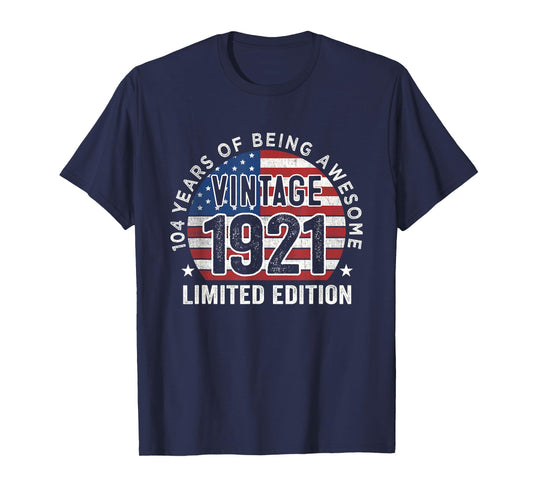 104th Birthday Gifts Men Vintage 1921 104 Years Old USA Flag T-Shirt