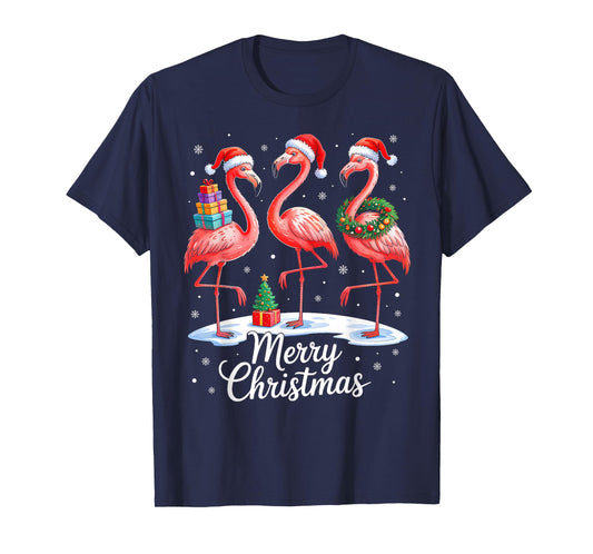 Pink Flamingo Xmas Lights Santa Hat Pajama Merry Christmas T-Shirt