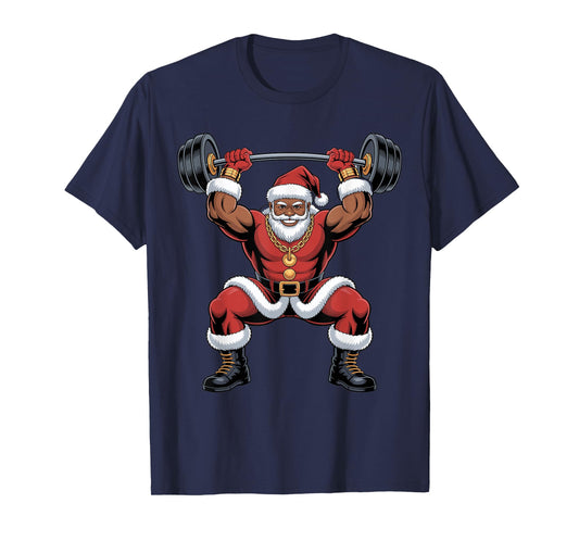 African American Santa Weightlifting Funny Christmas Holiday T-Shirt