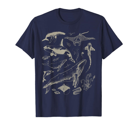Retro Ocean Wildlife Shark Turtle Octopus Fish Animal Lover T-Shirt