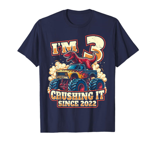 3 Year Old Boys 3rd Birthday Dinosaur Monster Truck Party T-Shirt