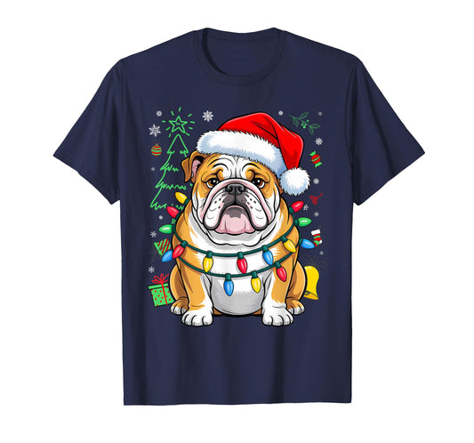 English Bulldog Santa Christmas Tree Lights Xmas Boys Dog T-Shirt
