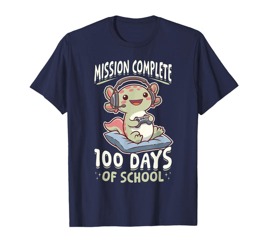 Funny Gamer Axolotl Kawaii Mission Complete 100 Days of T-Shirt