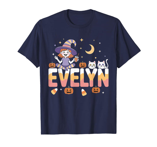 Evelyn Witch Candy Corn Cat Halloween Women and Girls T-Shirt