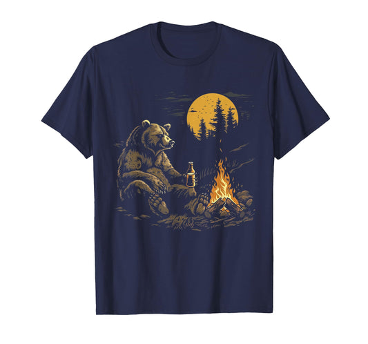 Camping Bear Drinking Beer Hiking Nature Funny Grizzly Bear T-Shirt
