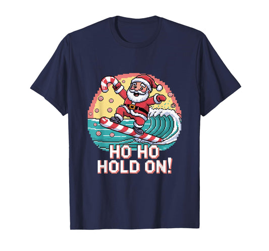 Ho Ho Hold On Pixel Santa Surf Design T-Shirt