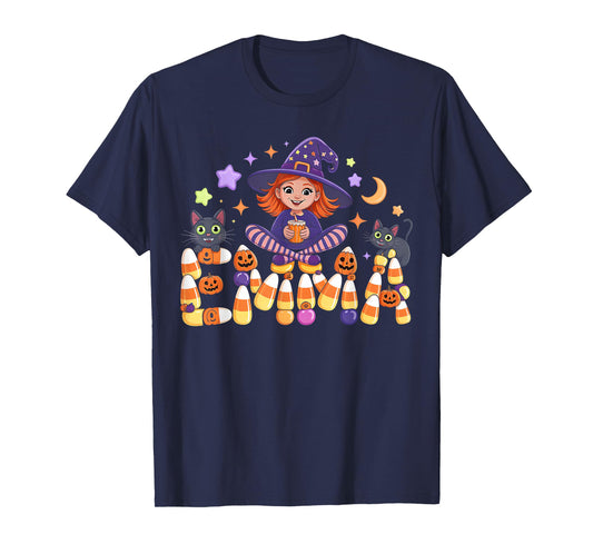 Emma Witch Candy Corn Cat Halloween Women and Girls T-Shirt