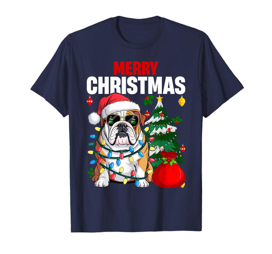 English Bulldog Santa Hat Christmas Pajama Dog X-Mas Tree T-Shirt