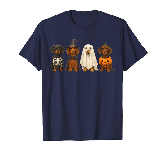 Dachshund Dogs Halloween Witch Ghost Pumpkin Art T-Shirt