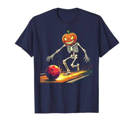 Pumpkin Head Skeleton Bowling Halloween Spooky Sports T-Shirt