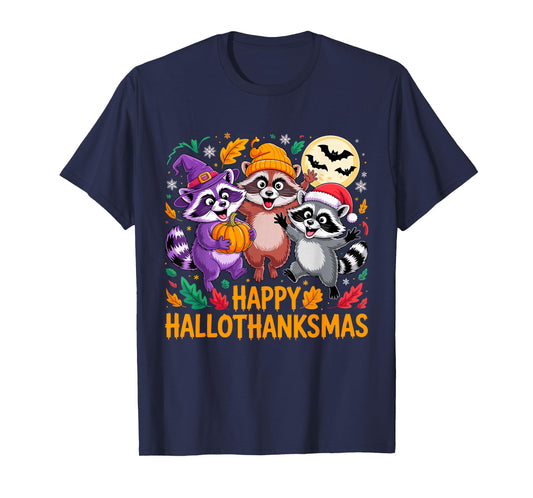 Happy Hallothanksmas Raccoon Trio Pumpkin T-Shirt