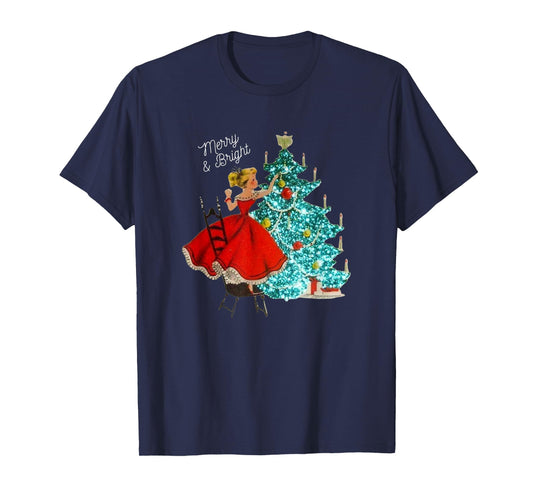 Cute Vintage Merry and Bright Girl Decorating Christmas Tree T-Shirt