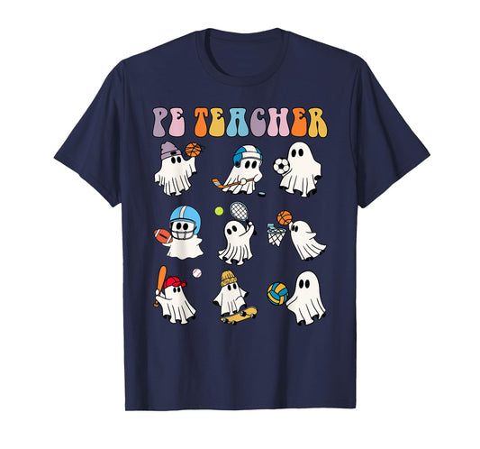 Halloween PE Teacher Ghost Playing Soccer Football Baseball T-Shirt