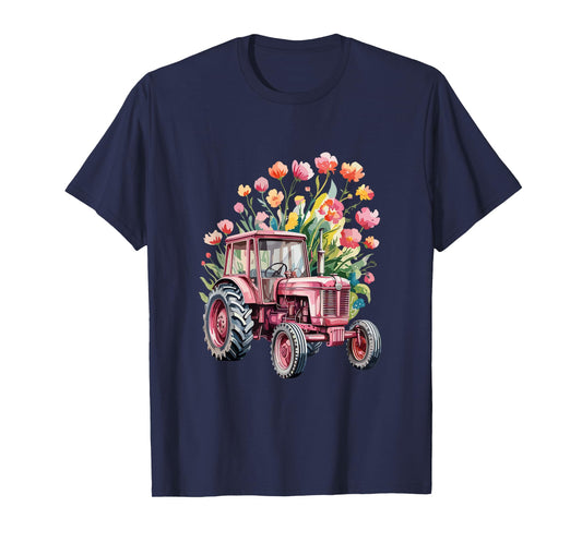 Floral Flower Pink Tractor Country Farm Girl T-Shirt