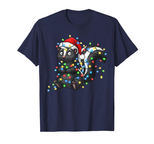Cute Skunk Tangled in Christmas Lights Wearing Santa Hat T-Shirt