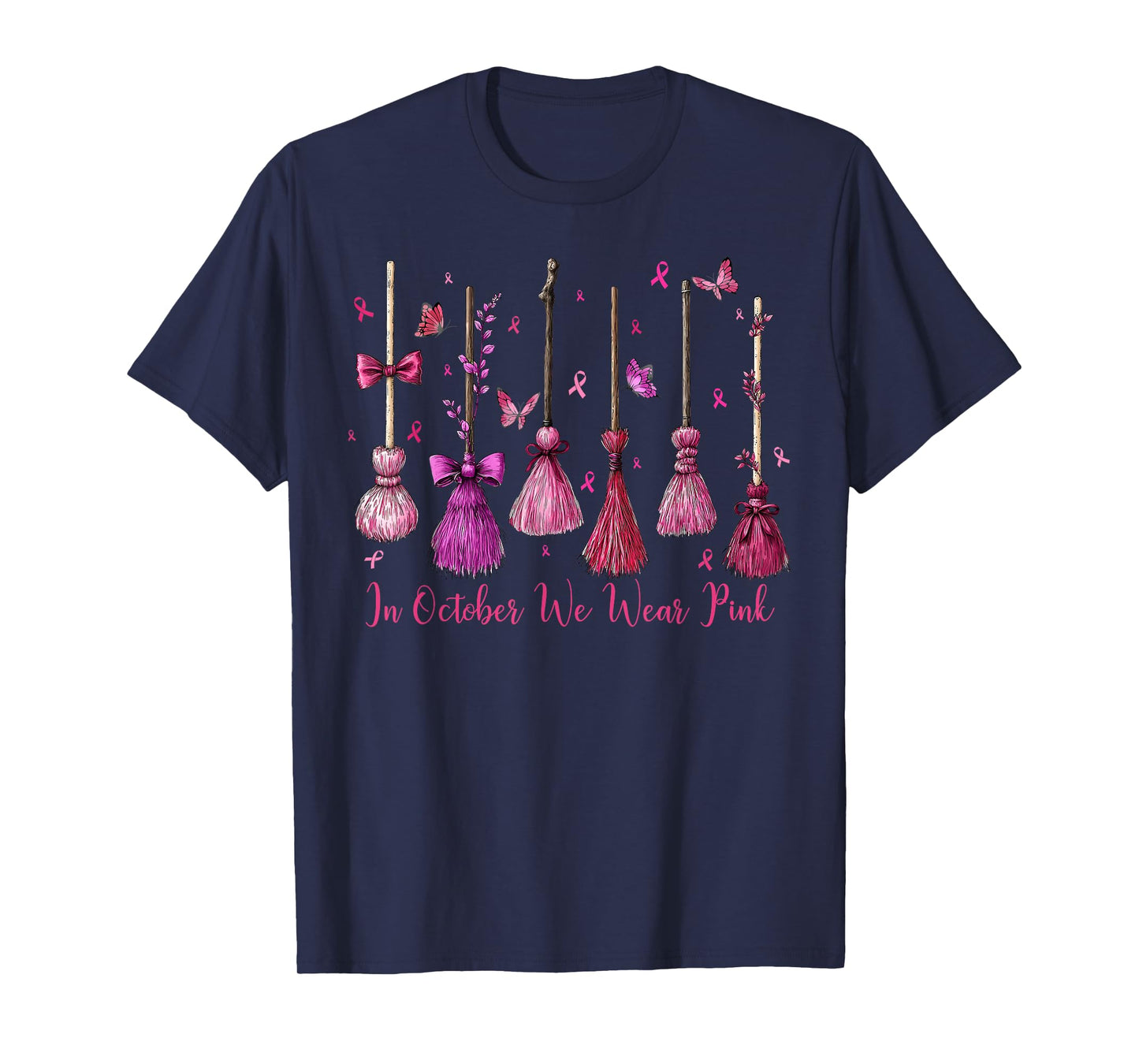 in October We Wear Pink Witch Broom Halloween Breast Cancer T-Shirt