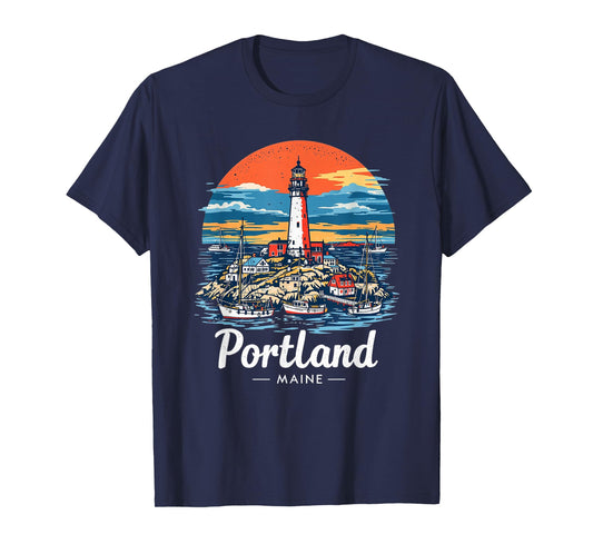 Vintage Portland Maine Sunset Skyline Coastal Cityscape T-Shirt