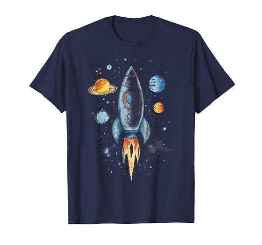 Distressed Rocket Ship And Planets T-Shirt