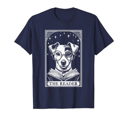Retro Funny Jack Russell Dog Mom Reading Bookworm Tarot Card Jack Russell Terrier Book Lover T-Shirt - Unisex-Adults, Unisex-Kids - Black - Short Sleeve - Small