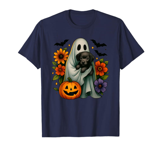 Floral Ghost Black Dog Coquette Funny Halloween Design T-Shirt