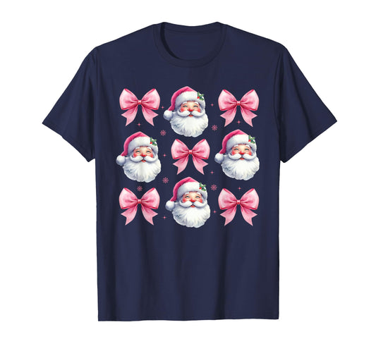 Pink Santa Christmas Shirts For Women Christmas Coquette Bow T-Shirt