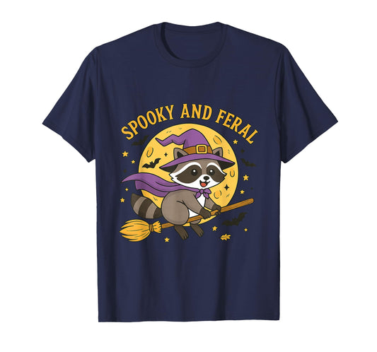 Feral & Spooky Cute Witch Raccoon On Broom Hallowen T-Shirt