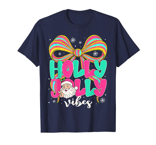Preppy Holly Xmas Jolly Vibes Bow Christmas Girl Women Pjs T-Shirt