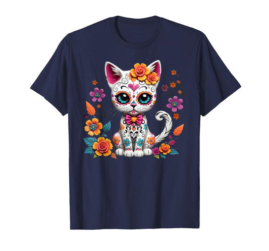 Floral Cat Sugar Skull Day of the Dead Dia de los Muertos T-Shirt