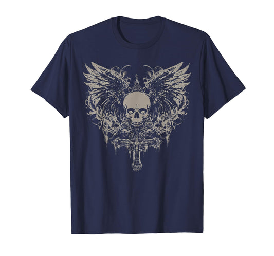Skull Cross Y2K Goth Alt Grunge Gothic Emo Aesthetic Wings T-Shirt