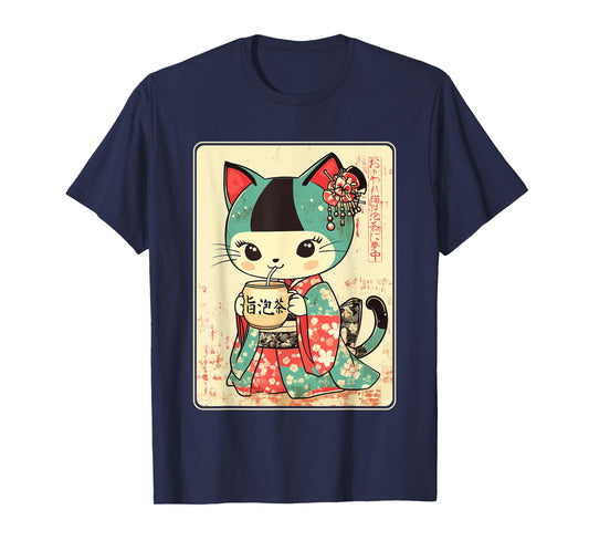 Vintage Kimono Cat Drinking Bubble Tea T-Shirt