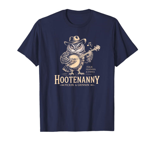 Hootenanny Owl Playing Banjo Country Guitar Music T-Shirt