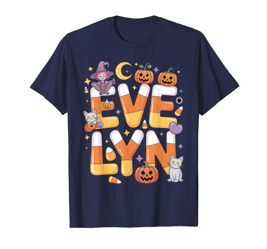 Evelyn Witch Candy Corn Cat Halloween Women and Girls T-Shirt