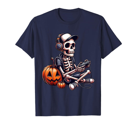 Funny Skeleton Playing Video Game Halloween Shirt Boys Gamer T-Shirt