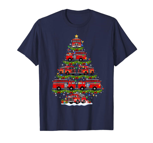 Fire Truck Firefighter Christmas Tree Lights Xmas Pajamas T-Shirt