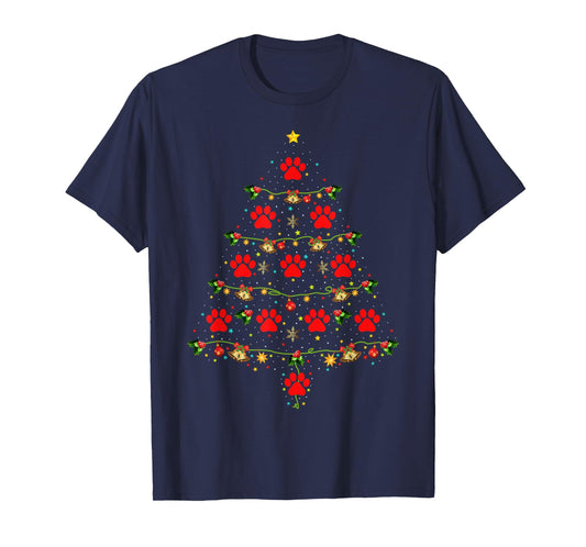 Dog Paw Christmas Tree Lights Puppy Dog Lover Xmas Pajamas T-Shirt