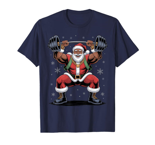 Santa Weightlifting African American Christmas Funny Holiday T-Shirt