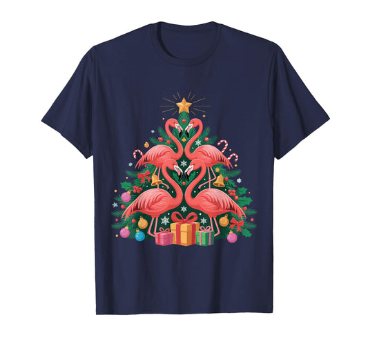 Pink Flamingo Christmas Tree Lights Santa Hat Xmas T-Shirt