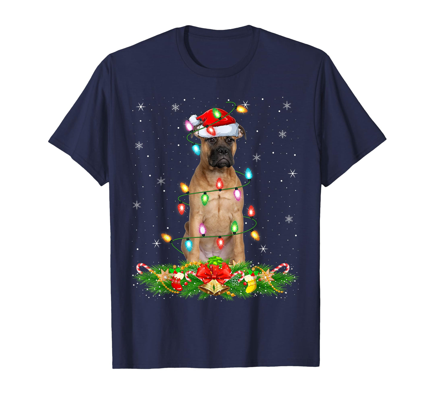 Bullmastiff Dog Christmas Lights Funny Santa Hat Xmas T-Shirt