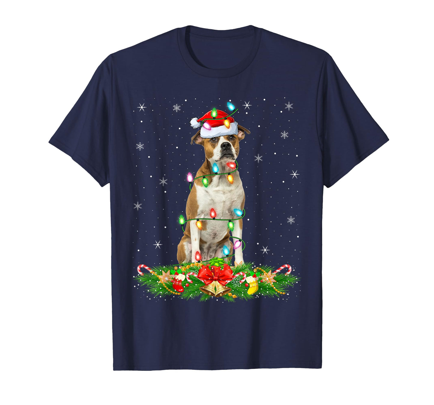 American Bulldog Christmas Lights Funny Santa Hat Xmas T-Shirt