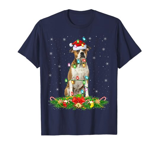 American Bulldog Christmas Lights Funny Santa Hat Xmas T-Shirt