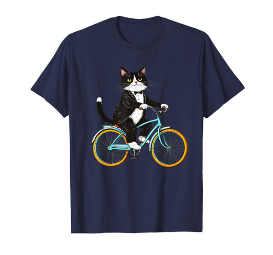 Tuxedo Cat Riding Bike Funny Vintage Animal Lover T-Shirt
