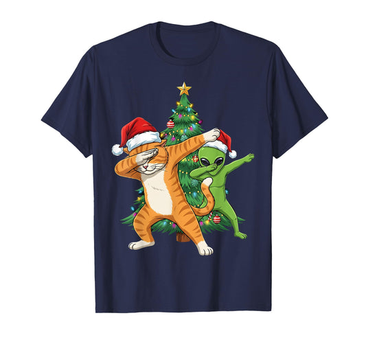 Dabbing Cat Alien Christmas Tree Santa Xmas Funny Boys Men T-Shirt
