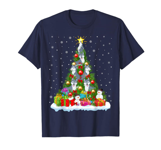 Cute Wolf Christmas Tree Holiday Decor Funny Xmas Lights T-Shirt