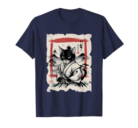 Samurai Cat Sumi-e Graphic - Vintage Warrior Japanese Art Men Women Girls Kids T-Shirt